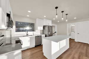 Kitchen featuring a center island, appliances with stainless steel finishes, a sink, and wood finished floors