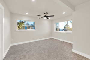 Unfurnished room with carpet floors, recessed lighting, baseboards, and a ceiling fan