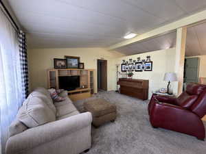 Carpeted living area featuring vaulted ceiling