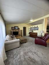 Living area with lofted ceiling, carpet floors, and a textured ceiling