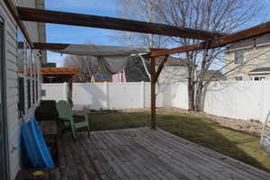 Wooden terrace with a fenced backyard and a yard