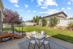 View of patio featuring a fenced backyard and outdoor dining area