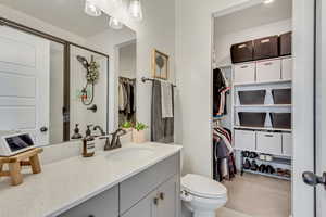 Full bathroom with toilet, a spacious closet, a shower with glass enclosure, and vanity