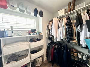 Walk in closet with carpet floors