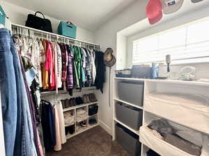 Spacious closet featuring carpet flooring