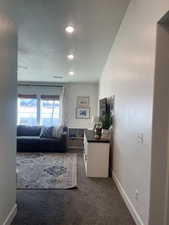 Living room featuring dark colored carpet, a textured ceiling, baseboards, and recessed lighting