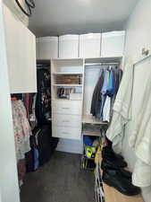 Spacious closet with dark carpet