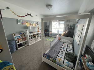 Carpeted bedroom featuring a textured ceiling