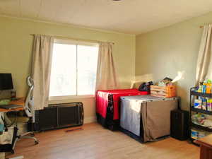 Bedroom with light wood-style floors and visible vents