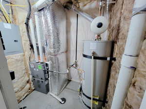 Utility room featuring water heater and electric panel