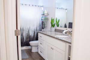 Full bath featuring vanity, toilet, and wood finished floors