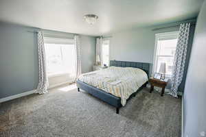 Bedroom featuring dark colored carpet, multiple windows, and baseboards