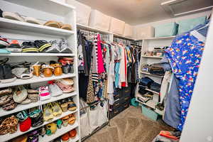 Walk in closet with carpet floors and attic access