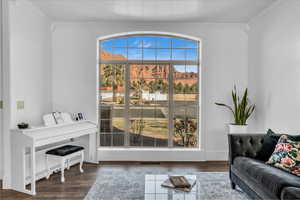 Interior space with dark wood-type flooring and crown molding