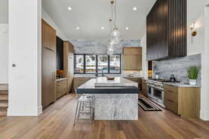 Kitchen with light wood finished floors, range with two ovens, modern cabinets, and decorative light fixtures