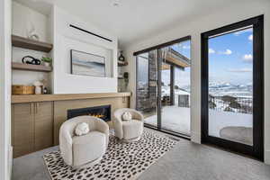 Living area featuring light carpet, visible vents, a mountain view, and a glass covered fireplace