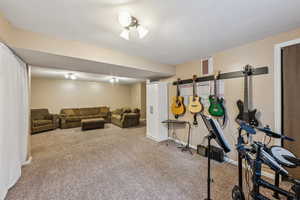 Exercise room with baseboards and light colored carpet