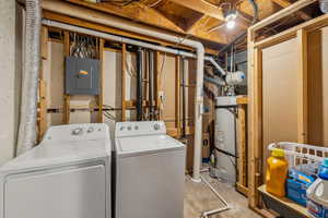 Clothes washing area featuring water heater, laundry area, electric panel, and washer and clothes dryer