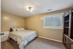 Carpeted bedroom featuring visible vents and baseboards
