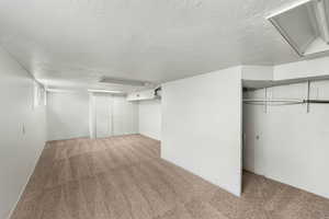 Basement featuring carpet floors and a textured ceiling