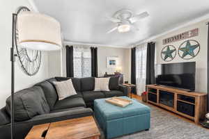 Living room featuring wood-type flooring, crown molding, a wealth of natural light, and ceiling fan