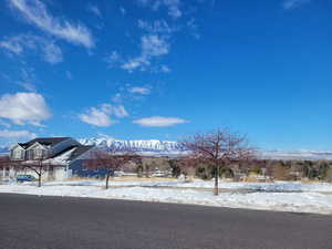 Yard covered in snow with a mountain view