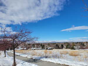 Yard covered in snow with a mountain view