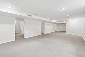 Finished basement featuring baseboards, visible vents, and carpet flooring