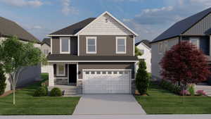 View of front of property with an attached garage, roof with shingles, driveway, and a front lawn