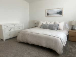 Bedroom with dark colored carpet