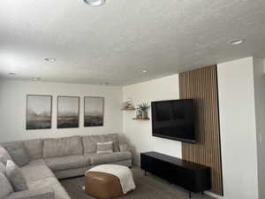 Living area with a textured ceiling and carpet flooring