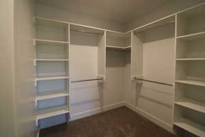 Walk in closet featuring dark colored carpet