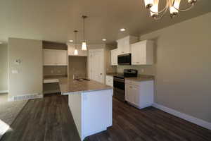 Kitchen with stainless steel appliances, white cabinetry, a sink, and visible vents