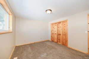 Empty room with carpet, baseboards, and a textured ceiling