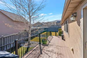 Wooden terrace featuring a fenced backyard and a yard