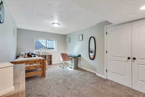 Carpeted bedroom with visible vents, baseboards, and a textured ceiling