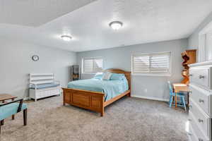 Bedroom featuring light colored carpet and baseboards