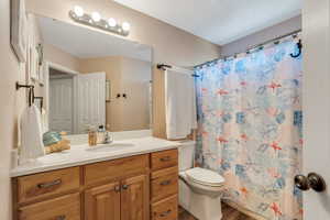 Bathroom featuring toilet, curtained shower, wood finished floors, and vanity