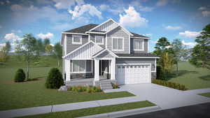 View of front of house with a shingled roof, concrete driveway, an attached garage, board and batten siding, and a front yard