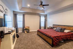 Bedroom featuring a tray ceiling, baseboards, visible vents, and carpet flooring
