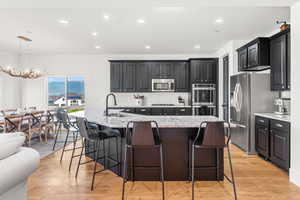 Kitchen with appliances with stainless steel finishes, an island with sink, a sink, and pendant lighting