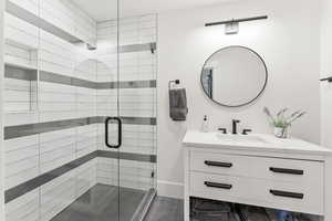 Bathroom with a shower stall and vanity