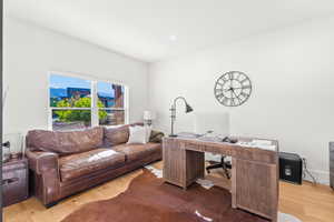 Office space featuring light wood-type flooring and recessed lighting