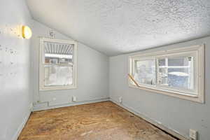 Spare room featuring lofted ceiling, plenty of natural light, and a textured ceiling