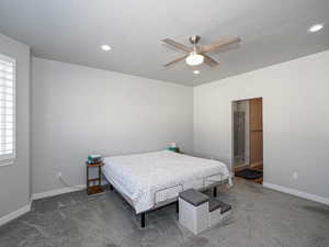 Carpeted bedroom with ceiling fan, baseboards, a textured ceiling, and recessed lighting