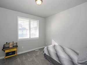 Carpeted bedroom with visible vents and baseboards