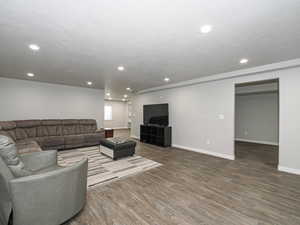 Living area featuring baseboards, wood finished floors, and recessed lighting