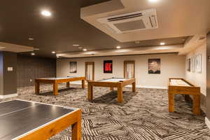 Recreation room featuring recessed lighting, visible vents, carpet flooring, billiards, and baseboards