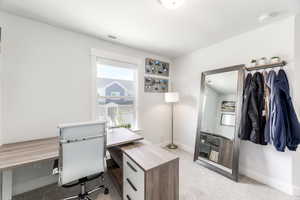 Office featuring light colored carpet, visible vents, and baseboards