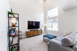 Living area featuring baseboards and light colored carpet